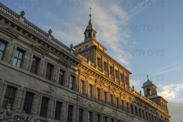 Detailed view of the facade of the historic Wolf Town Hall in the evening light, Nuremberg, Middle
