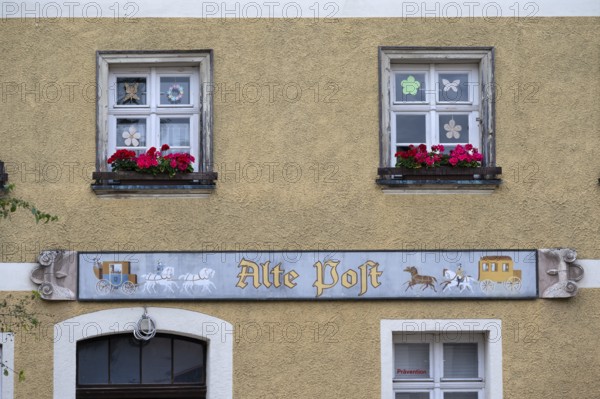 Historic inn sign of the former Alte Post, Betzenstein, Upper Franconia, Bavaria, Germany, Europe