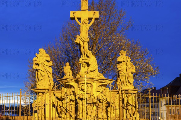 Crucifixion group at the town hall, historic old town, blue hour, Bamberg, Lower Franconia,