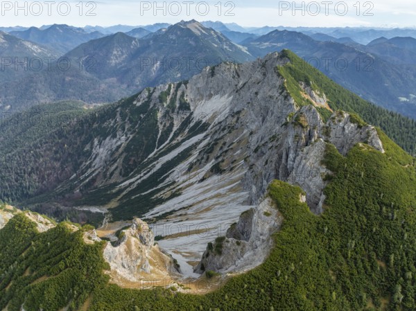 Aerial view, summit and degree, Bavarian and Austrian Schinder, Tegernsee mountains in the Mangfall
