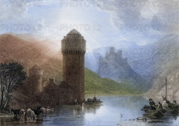 Tower of Niederlahnstein, Germany, Historical, digitally restored reproduction from a 19th century