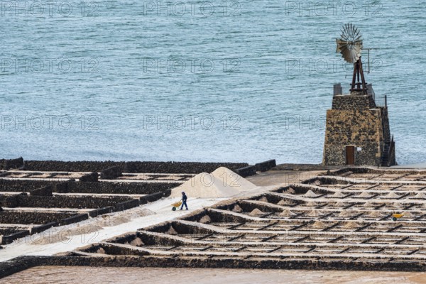 Sea salt extraction, Janubio salt works, Salinas de Janubio, Lanzarote, Canary Islands, Spain,