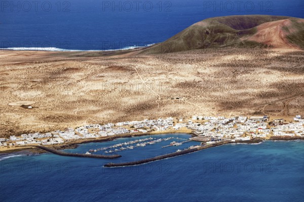 View from the Mirador del Río viewpoint, designed by artist César Manrique, of the harbour on the