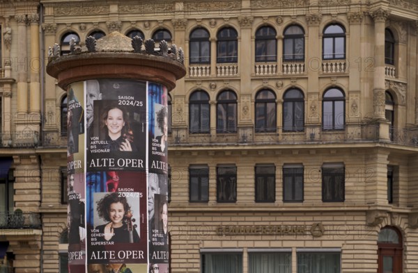 Historic advertising pillar, posters, programme for Alte Oper 2024-2025, Commerzbank, lettering,