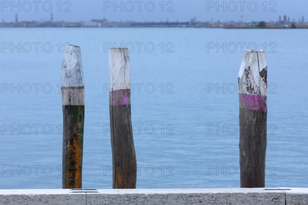 Anchor piles for gondolas and boats, Burano, Veneto, Italy, Europe