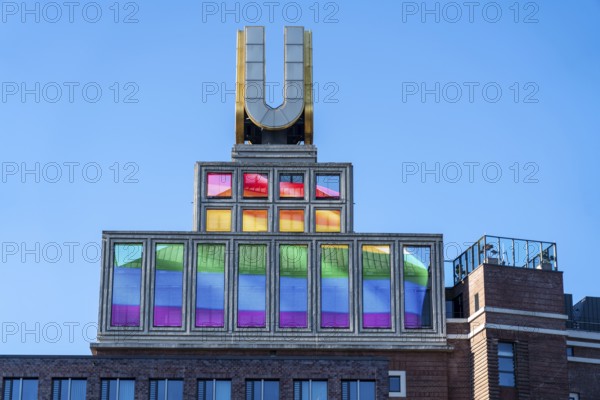 The Dortmunder U, art museum, former brewery, video screens with the rainbow flag, solidarity
