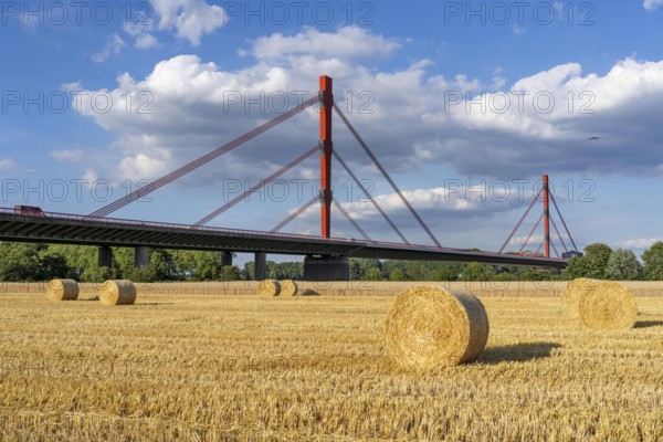 Grain field, harvested, straw bales, near Duisburg-Baerl, behind the motorway bridge of the A42