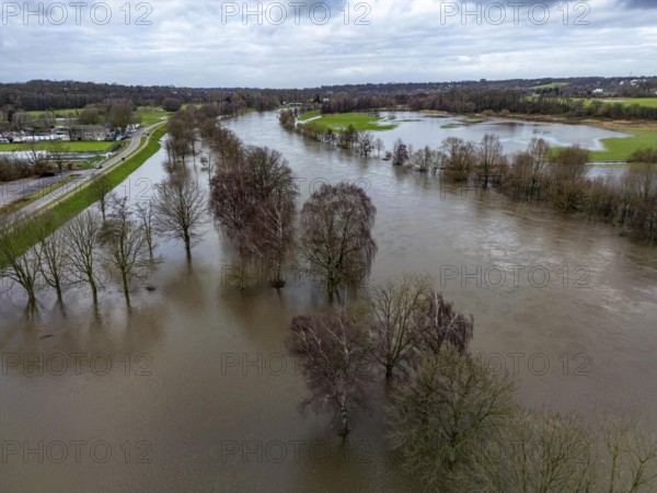 Flood on the Ruhr, near Mülheim, after days of continuous rain, North Rhine-Westphalia, Germany,