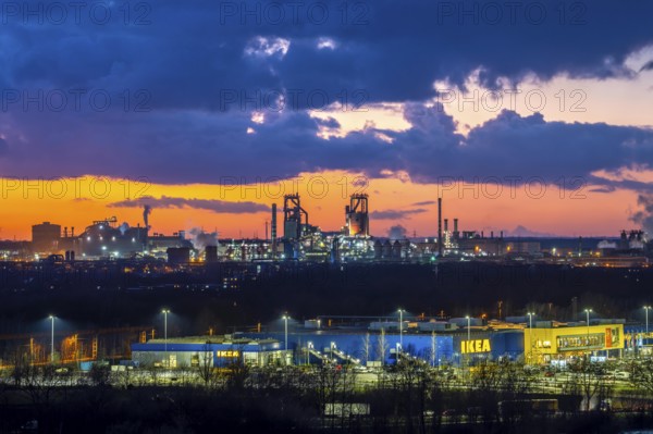 Skyline of the Duisburg steel site, Thyssenkrupp Steel Europe, in Duisburg-Bruckhausen, sunset,