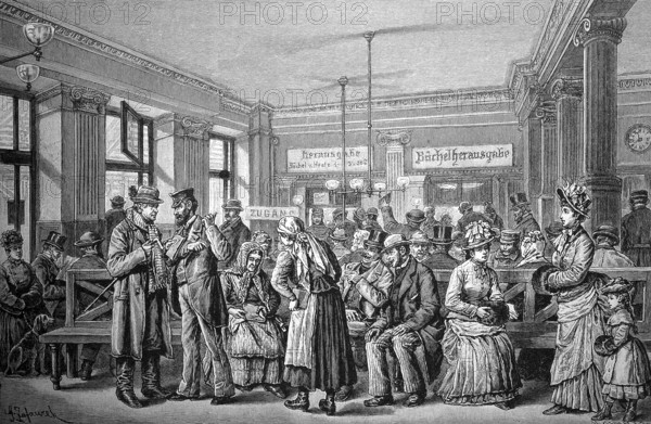 At the Savings Bank in Vienna, Austria, in 1880 / Auf der Sparkasse in Wien, Österreich, im Jahre