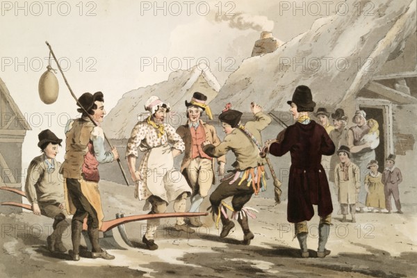 Scene from everyday life in England around 1810, The fool's plough, On Plough Monday a fool's