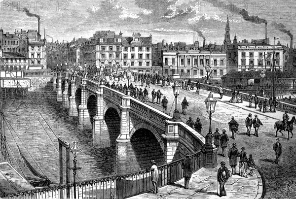 The former Broomielaw Bridge in Glasgow, Scotland in 1880, Historical, digital reproduction of an
