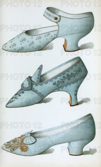 Shoe fashion in 1900, Women's shoes, One strap shoe in French grey satin, and two blue shoes, all