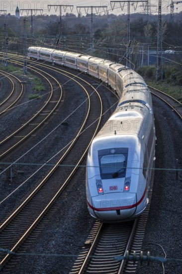 ICE train on the tracks, railway layout, railway line west of the main station of Essen, North