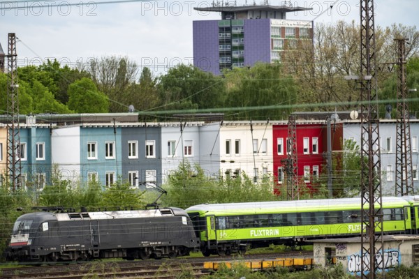 Railway line in Oberhausen, long-distance traffic, cheap train provider Flixtrain, at the exit of