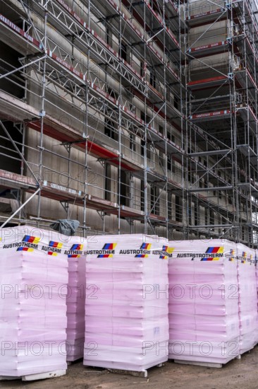 New construction, shell construction, thermal insulation, material waiting to be installed on the