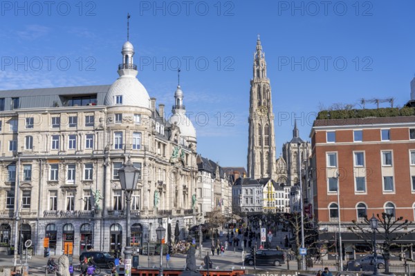 Old town, Cathedral of Our Lady, houses on the Suikerrui, Antwerp, Flanders, Belgium, Europe