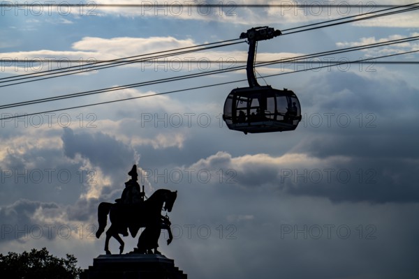 The monument to Kaiser Wilhelm I at the Deutsches Eck, cabin of the Koblenz cable car to