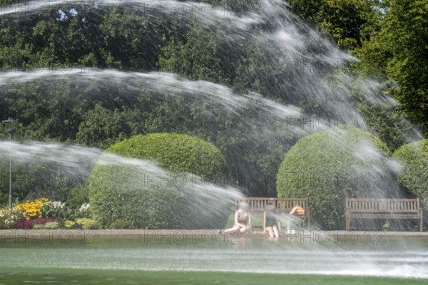 The Grugapark, main entrance, five-jet water fountain, Essen, North Rhine-Westphalia, Germany,