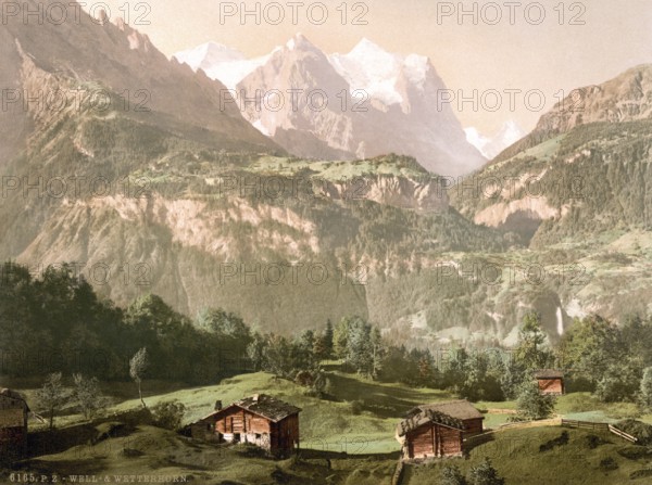 Brunnen und Wetterhorn, Bernese Oberland, Switzerland, Historic, digitally restored reproduction