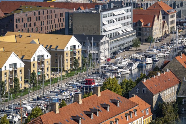 Panoramic view over the city centre of Copenhagen, Christianshavn, sailboats in Wilders Plads