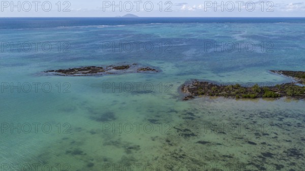 Bird's eye view of aerial view of lagoon at Cap Malheureux, reef edge in the background, Mauritius,