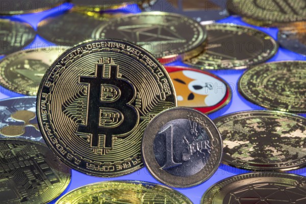 Bitcoin, cryptocurrency, symbol coin, optical placeholder for the digital currency, euro coin