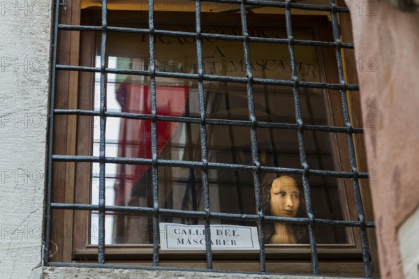 Doll's head looking out of the window, Bust, Woman, Head, View, Abstract, Art, Venice, Italy,