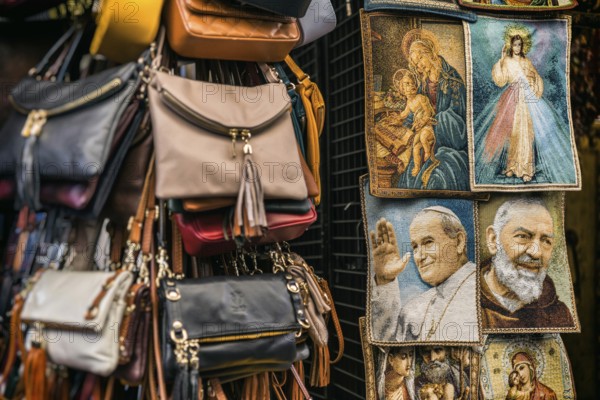 Christian images, Pope, Jesus, Mary, handbag souvenir, shop, Florence, Italy, Europe
