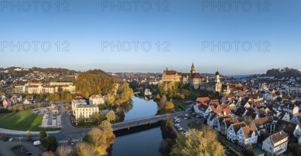 Aerial view, panorama of the town of Sigmaringen with the Hohenzollern castle, a sight and tourist
