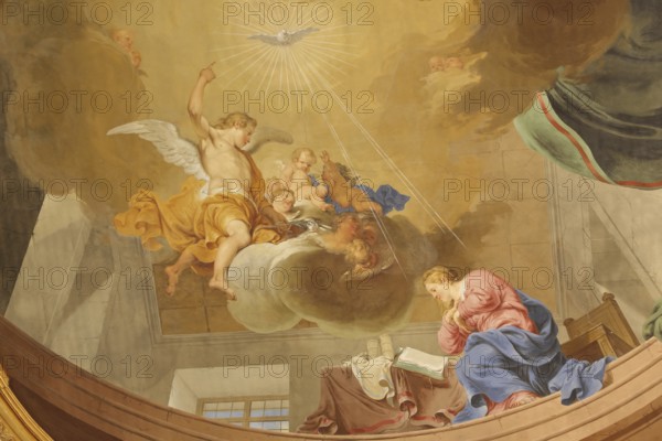 Ceiling fresco Annunciation of the Lord to Mary by Januarius Zick 1783, Rococo, angel, rays of