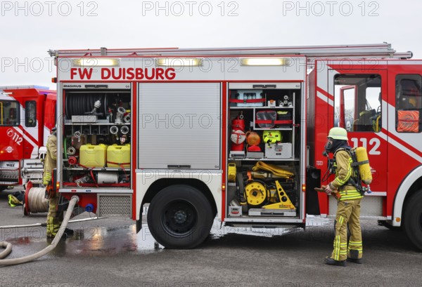 Duisburg, North Rhine-Westphalia, Germany, firefighting exercise, people are rescued from a burning