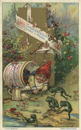 Picture series In the world of dwarfs, frog gymnastics competition, Liebig picture, digitally