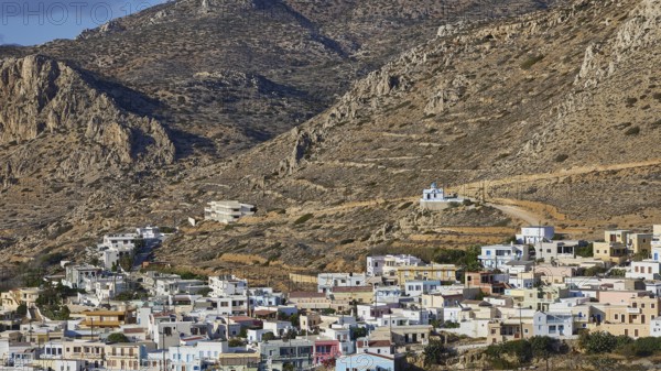 Picturesque village with colourful houses on a mountainside, Arkasa, west coast, Karpathos,
