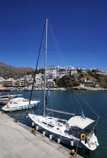 Sailing boat in the harbour of Agia Galini, south coast, Crete, Greece, Europe