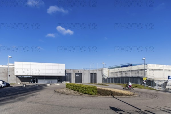 Stammheim prison, JVA. Exterior view of the gate and security gates. Stuttgart, Baden-Württemberg,