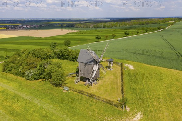 Aerial view of Liebschützberg with buck windmill, in the background the district of Laas, district