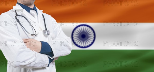 India Health and Care concept. Professional doctor on India flag. Doctor with crossed arms on India