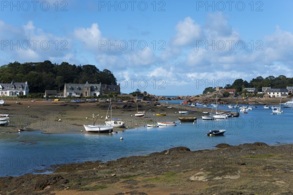 Small boats in the harbour at low tide with houses along the shore and blue sky with a few clouds,