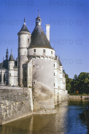 Historic architecture of Chateau Chenonceaux, River Le Cher, Loire Valley, France 1964