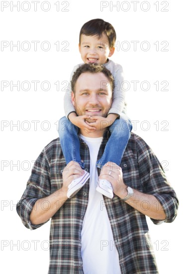 Happy Mixed-race father and son riding piggyback isolated on a white background
