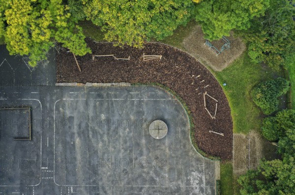 Mülheim an der Ruhr, North Rhine-Westphalia, Germany - Schoolyard unsealing, view from above of the