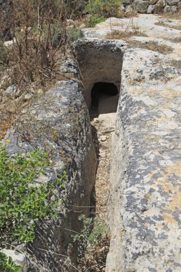 Water channel at medieval cave dwellings homes Ghar il-Kbir, Dingli, Malta, Europe