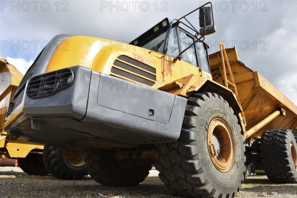 Articulated dumpers, dump trucks on a construction site, Denmark, Europe