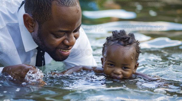 People being baptized in Jordan River in Israel in Baptist ceremony, AI generated