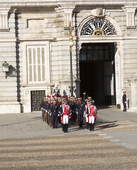Soldiers in traditional dress uniform, Palacio Real royal palace, Madrid, Spain, Europe