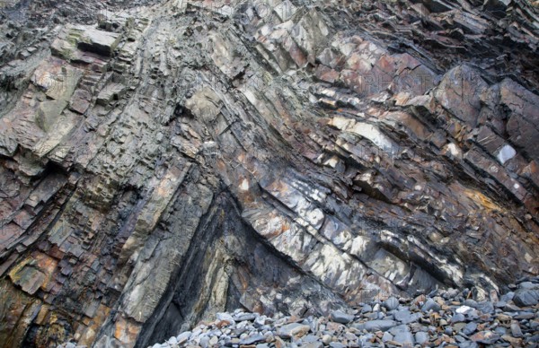 Complex folding of sedimentary rock strata in coastal cliffs at Hartland Quay, north Devon,