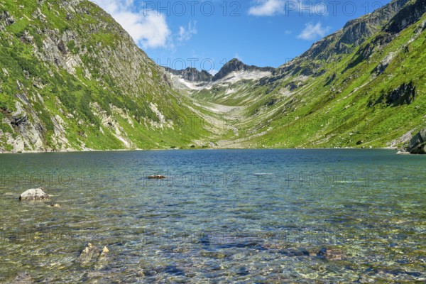 Dorfer See in the background the Kalser Tauern, mountain lake, blue sky, Dorfertal, Hohe Tauern