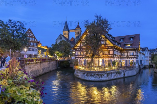 View from the Agnes Bridge to the Roßneckarkanal, half-timbered house with gastronomy and the