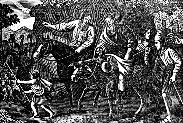 Jacob's return to Canaan, way home, woman, child, horseman, Genesis, Book of Moses, woodcut,